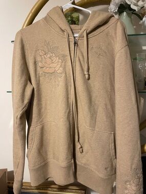 American Eagle Outfitters Tan Zip-Up Hoodie with Embroidered Rose 000833